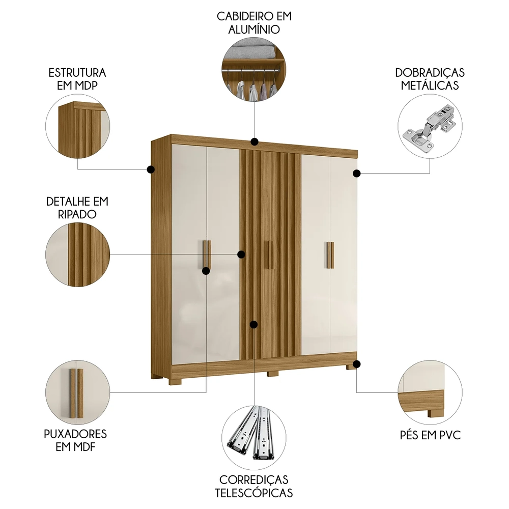 Guarda Roupa Casal 195cm Ripado Arlon Z17 Freijó/Off White - Mpozenato