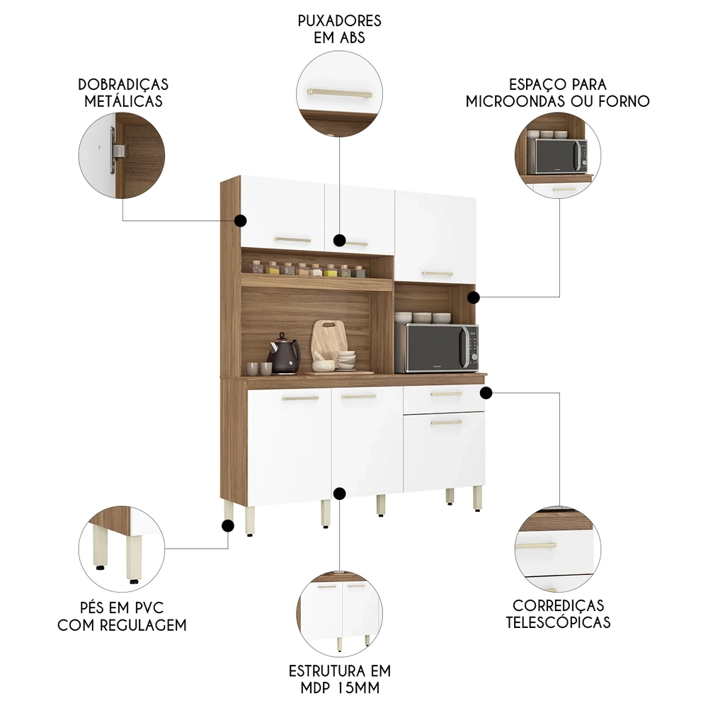 Armário de Cozinha Compacta 160cm Saul D02 Amêndola/Branco - Mpozenato