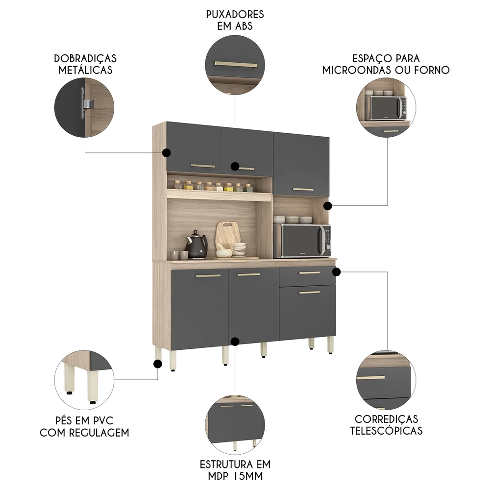 Armário de Cozinha Compacta 160cm Saul D02 Avena/Grafito - Mpozenato