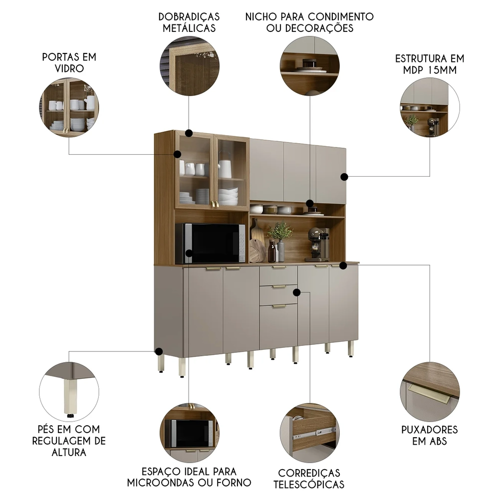 Armário de Cozinha Compacta 198cm Aurea D02 Amêndola/Nude - Mpozenato