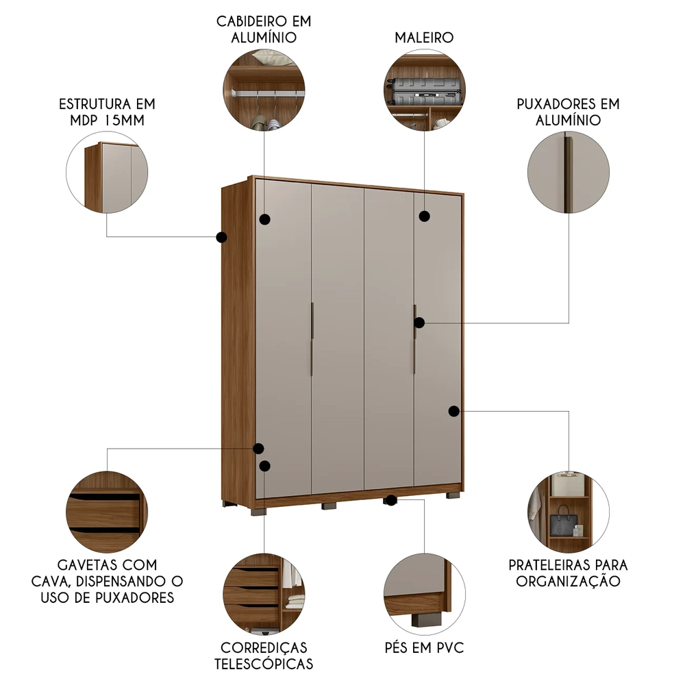 Guarda Roupa Casal 180cm 4 Portas Atren D02 Nogueira/Nude - Mpozenato
