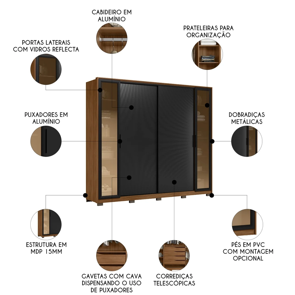 Guarda Roupa Casal 267cm Loreto D02 Nogueira/Preto - Mpozenato
