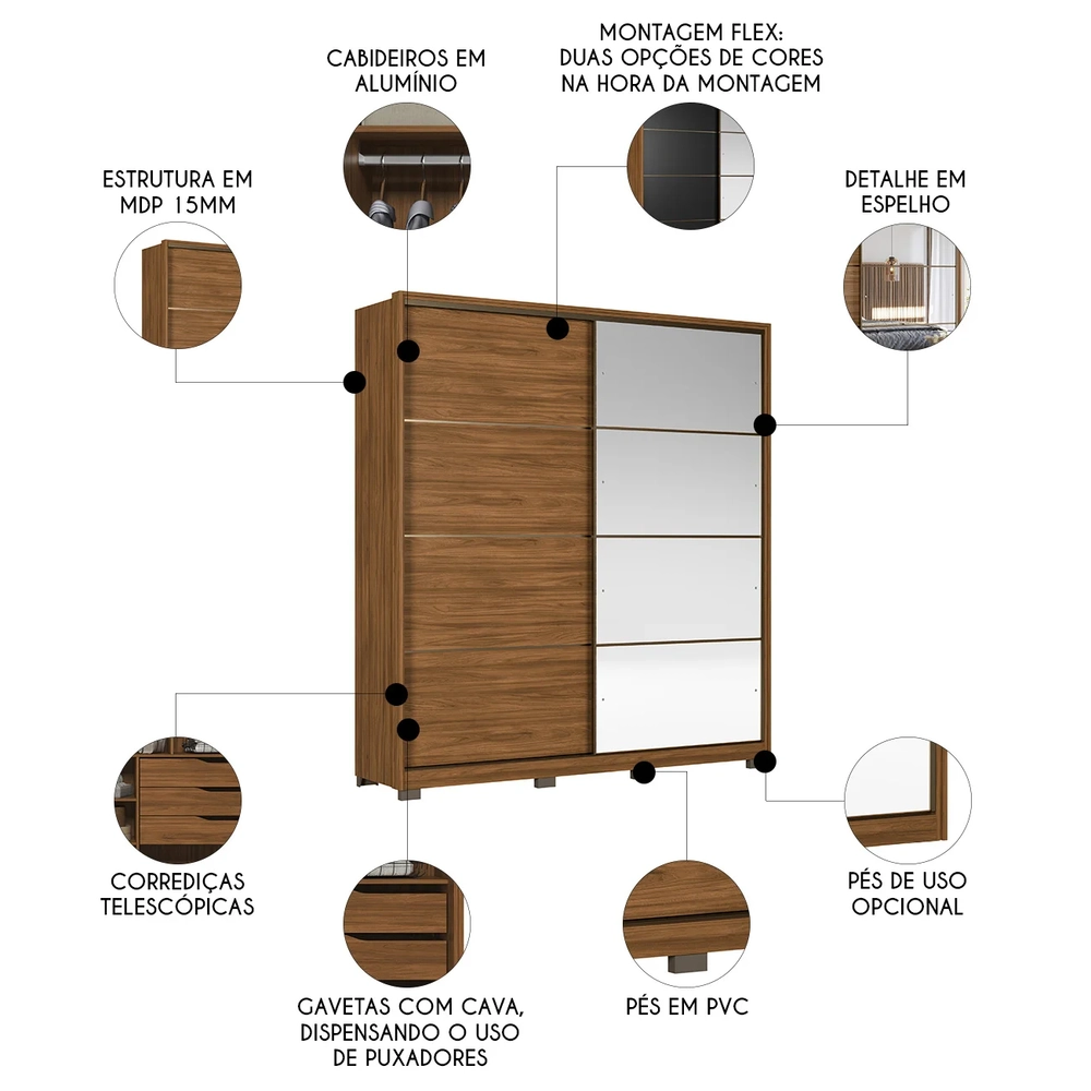 Guarda Roupa Casal 217cm Belvia Flex D02 Nogueira/Preto - Mpozenato