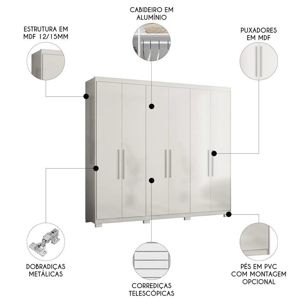 Guarda Roupa Casal 241cm 6 Portas Vanny D02 Branco - Mpozenato
