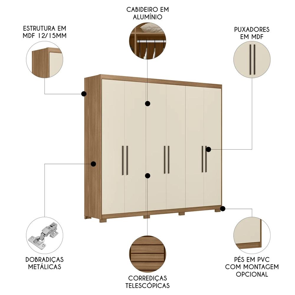 Guarda Roupa Casal 241cm 6 Portas Vanny D02 Amêndola/Off - Mpozenato