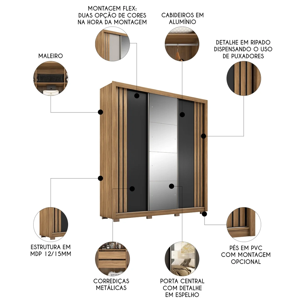 Guarda Roupa Casal 210cm Com Espelho Moly Flex D02 Nude/Preto - Mpozenato