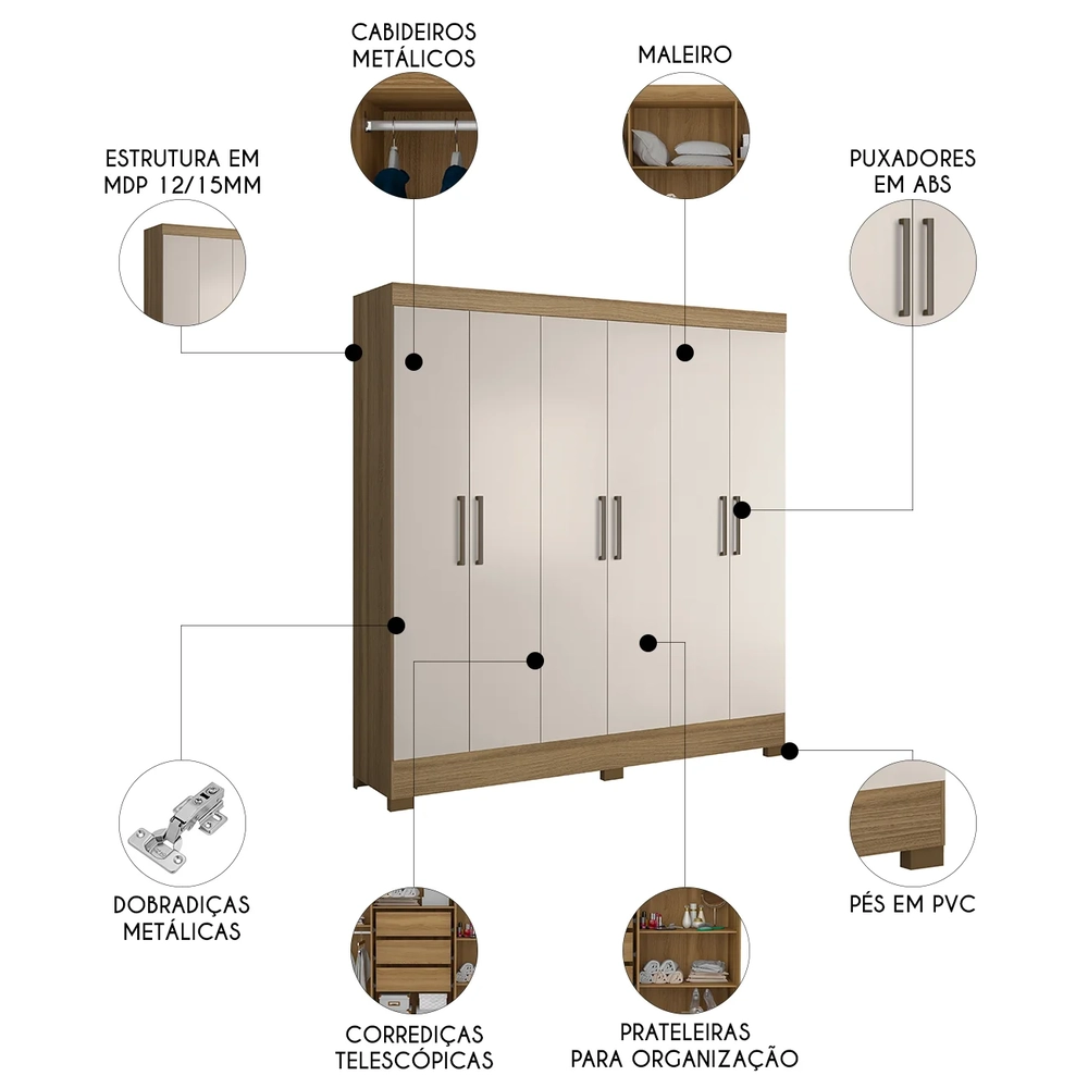 Guarda Roupa Casal 201cm 6 Portas Pratik D02 Amêndola/Off - Mpozenato
