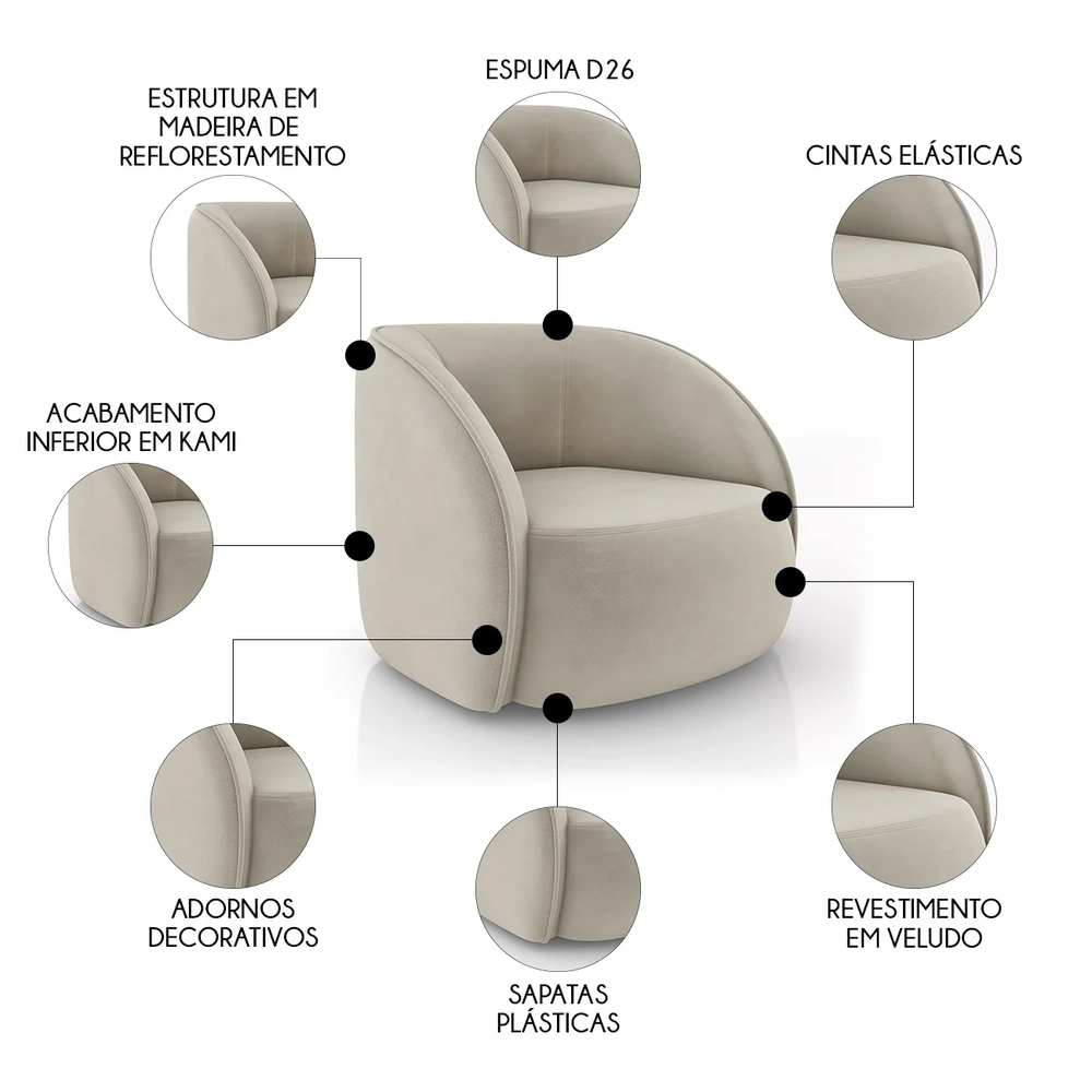 Poltrona para Sala Orgânica 90cm Zion Z32 Veludo Bege - Mpozenato