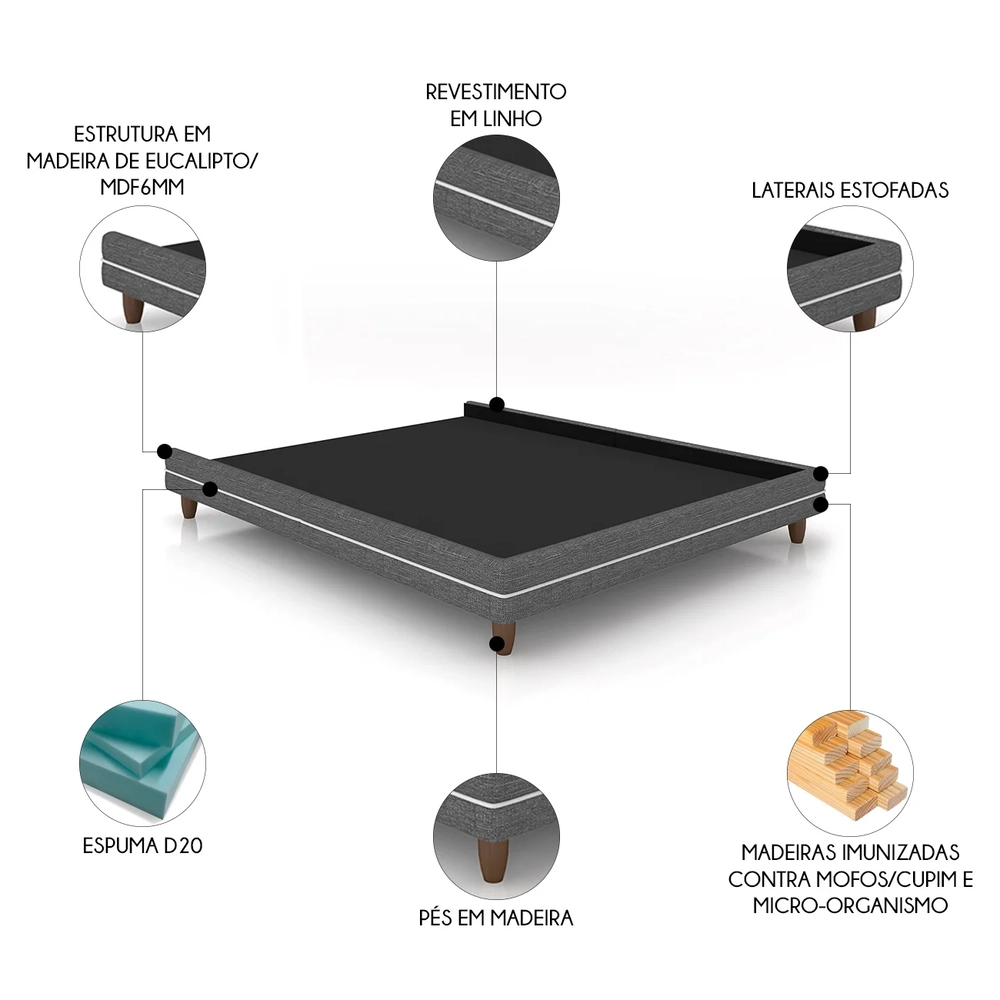 Cama Queen Base Box 160cm Many Z37 Linho Cinza - Mpozenato