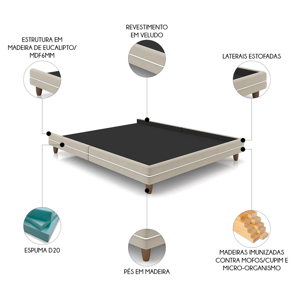 Cama King Base Box 195cm Many Z37 Veludo Bege - Mpozenato
