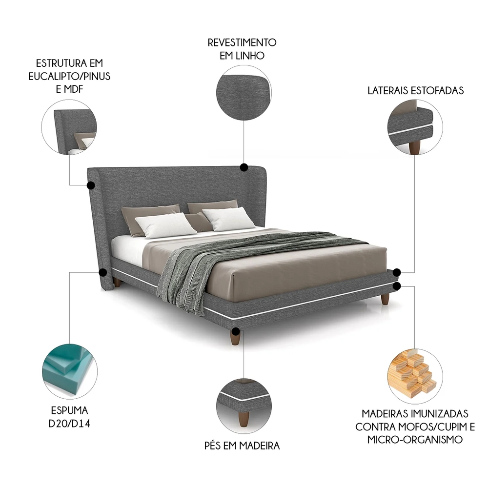 Cama Queen 160cm Com Cabeceira Many Z37 Linho Cinza - Mpozenato