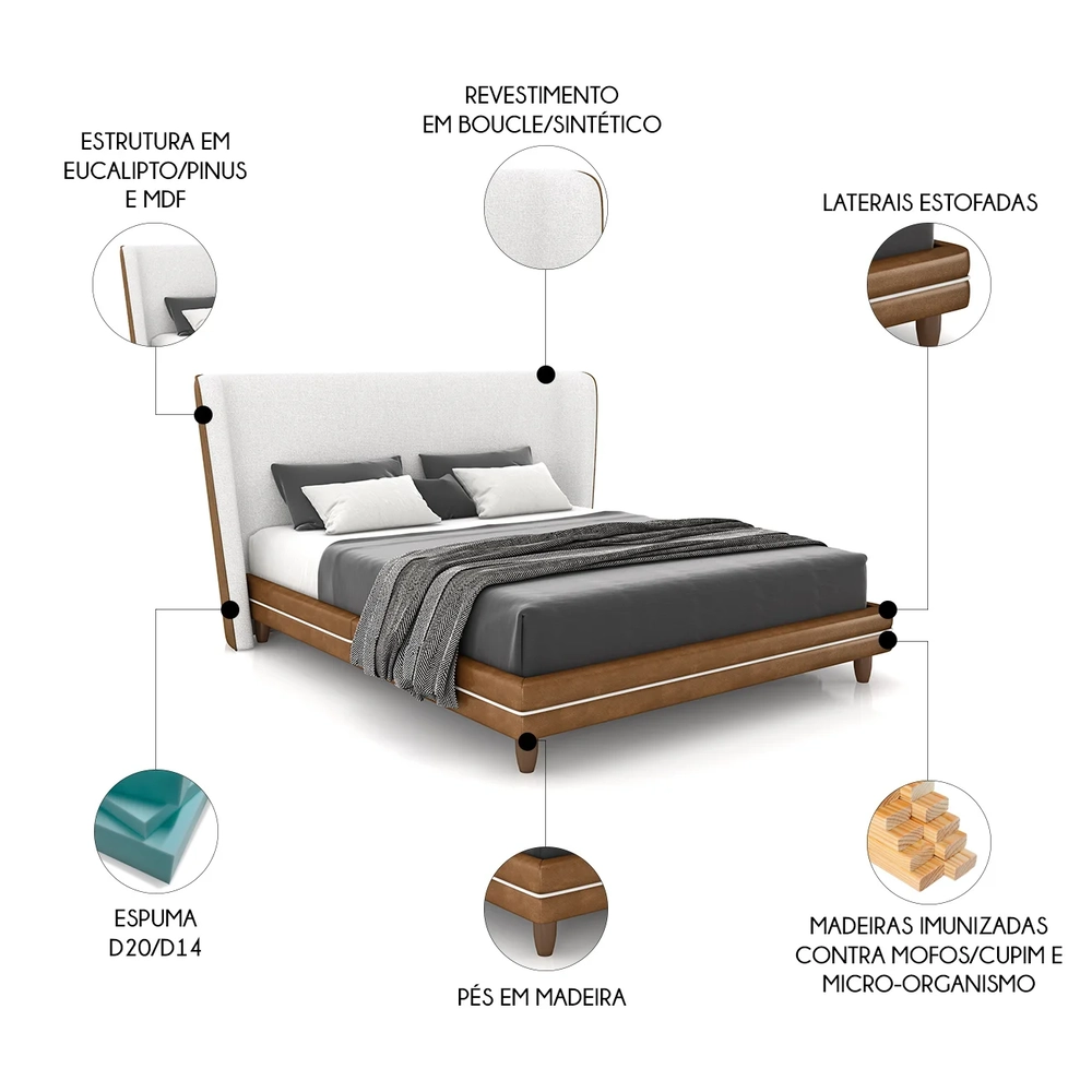 Cama Queen 160cm Com Cabeceira Many Z37 Bouclê Off/Caramelo - Mpozenato
