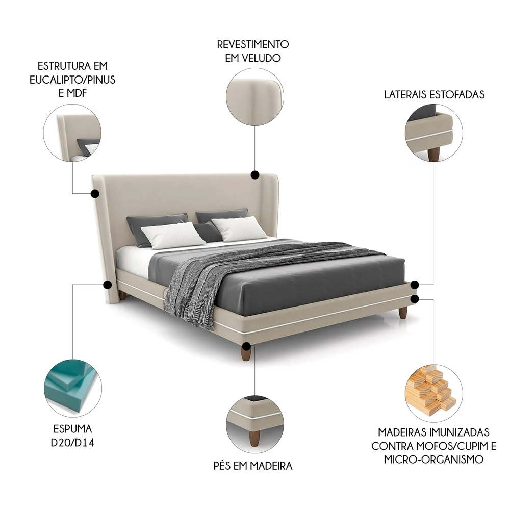 Cama King 195cm Com Cabeceira Many Z37 Veludo Bege - Mpozenato