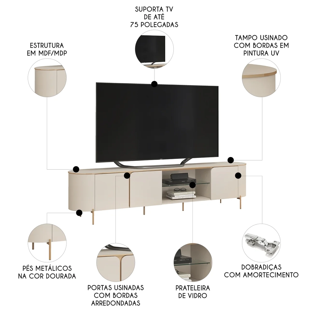 Rack Bancada de TV 75 Pol 241cm Ariane D04 Off White/Dourado - Mpozenato