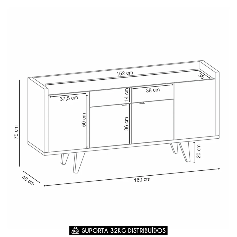 Balcão Aparador Buffet 4 Portas Sinfonia H01 Castanho/Off - Mpozenato