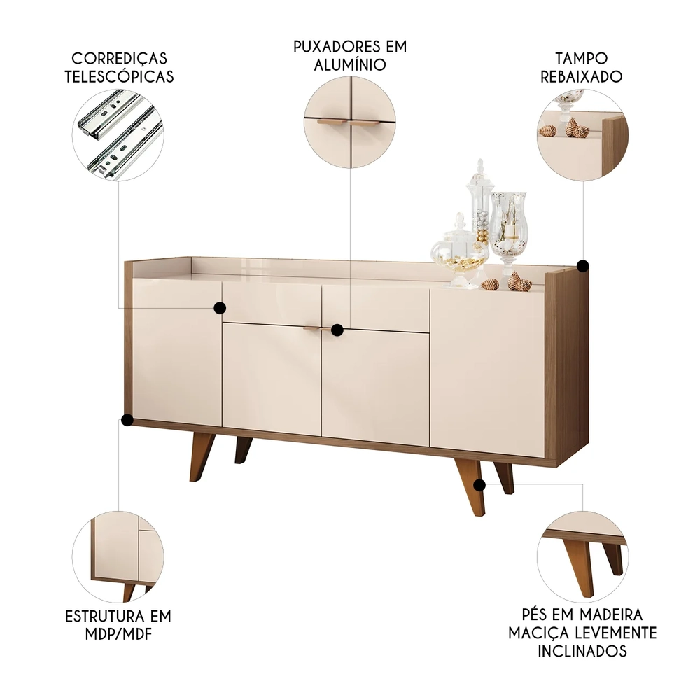 Balcão Aparador Buffet 4 Portas Sinfonia H01 Castanho/Off - Mpozenato