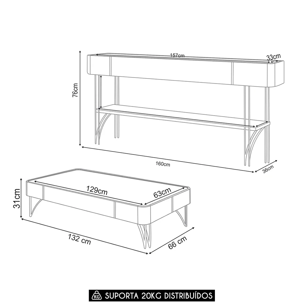 Aparador Para Sala Gianni e Mesa Alane H01 Off White/Castanho - Mpozenato