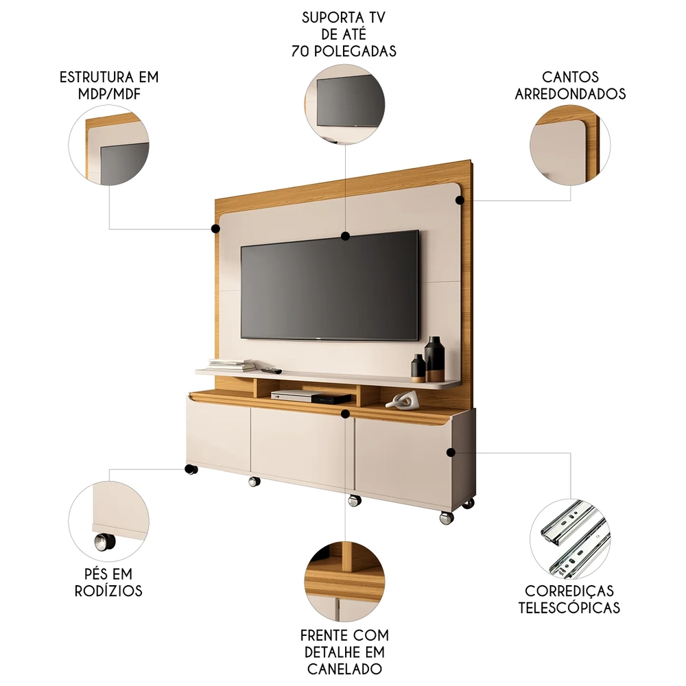 Estante Painel de TV 70 Pol 180cm Luma H01 Cinamomo/Off White - Mpozenato