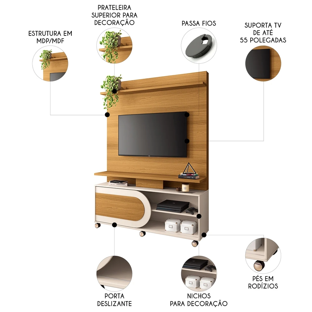 Estante Painel de TV 55 Pol 136cm Urbe H01 Cinamomo/Off White - Mpozenato