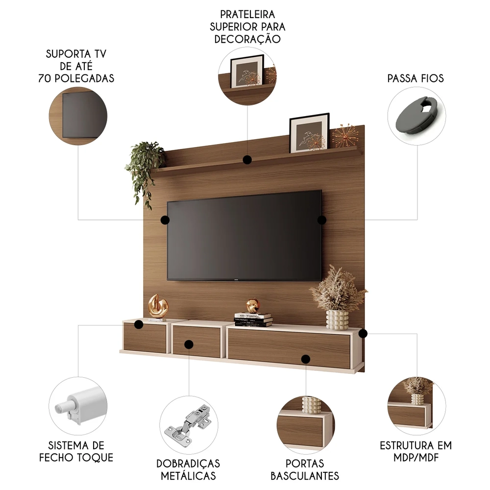 Painel TV 70 Pol 180cm Bancada Suspensa Mone H01 Off/Castanho - Mpozenato