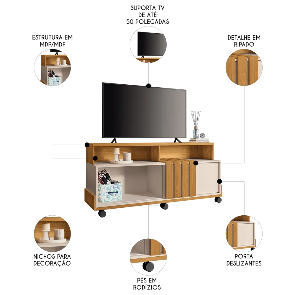 Rack Bancada de TV 50 Pol 136cm Analu H01 Cinamomo/Off White - Mpozenato