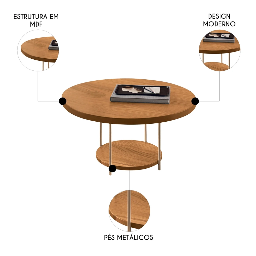 Mesa de Centro Redonda Pés Metálicos Mindy H01 Cinamomo - Mpozenato