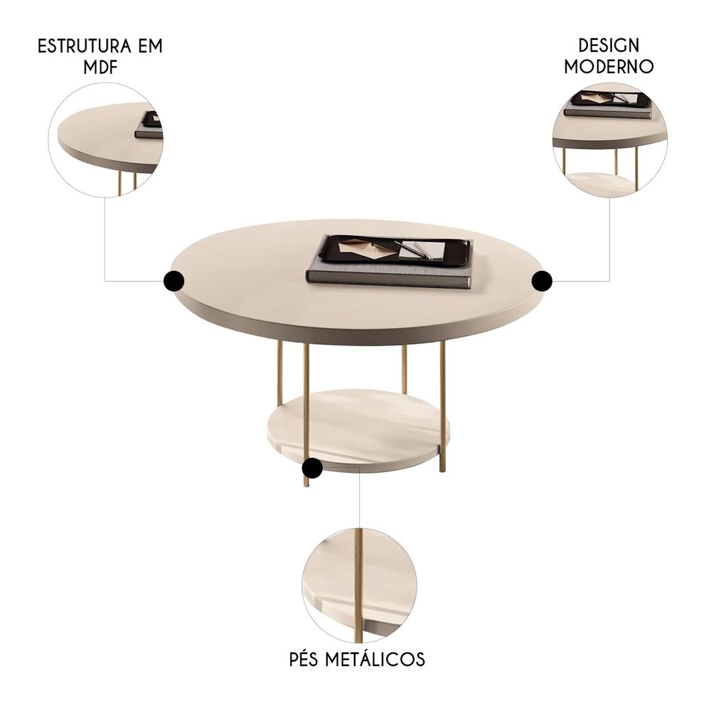 Mesa de Centro Redonda Pés Metálicos Mindy H01 Off White - Mpozenato