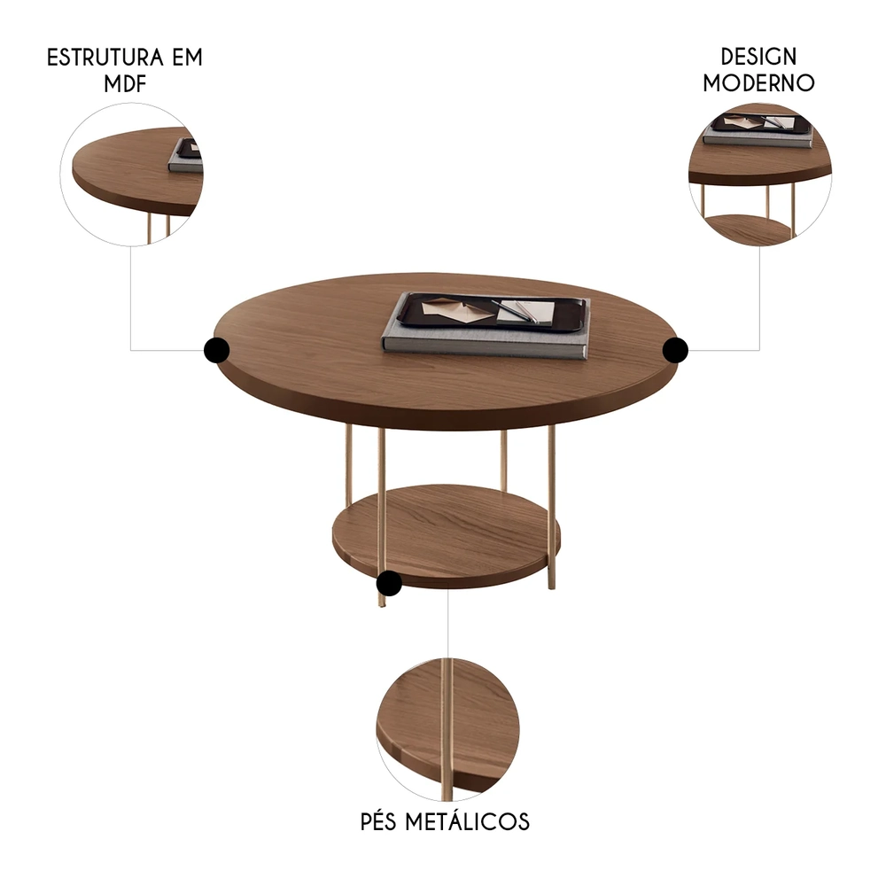Mesa de Centro Redonda Pés Metálicos Mindy H01 Castanho - Mpozenato