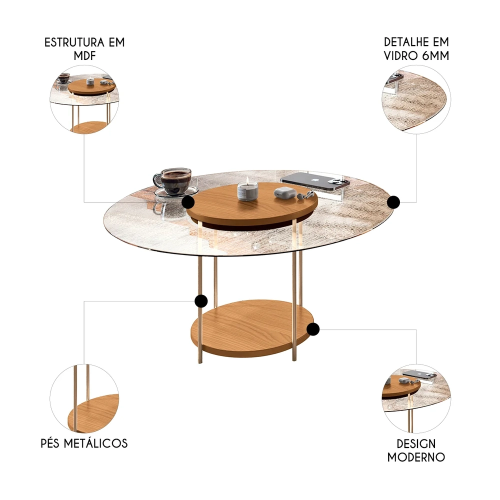 Mesa de Centro Redonda Tampo de Vidro Mindy H01 Cinamomo - Mpozenato