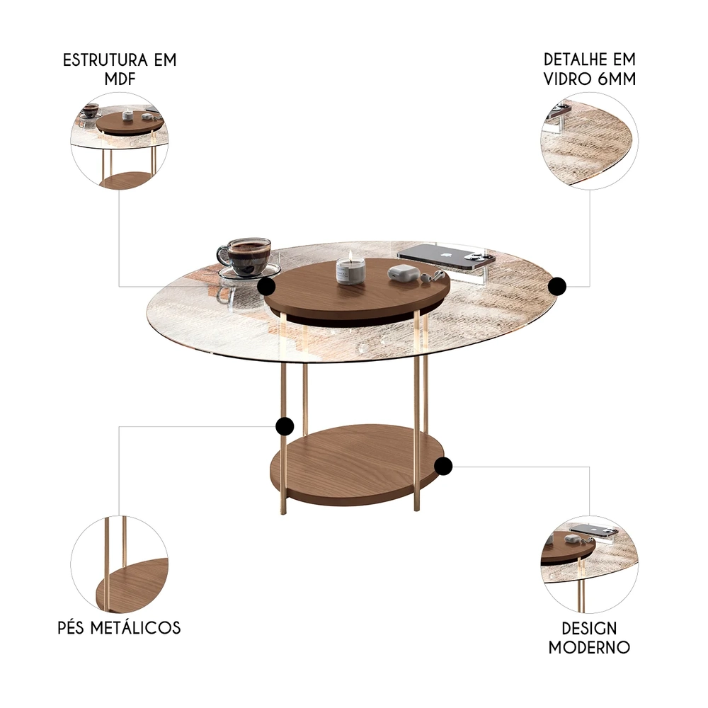 Mesa de Centro Redonda Tampo de Vidro Mindy H01 Castanho - Mpozenato