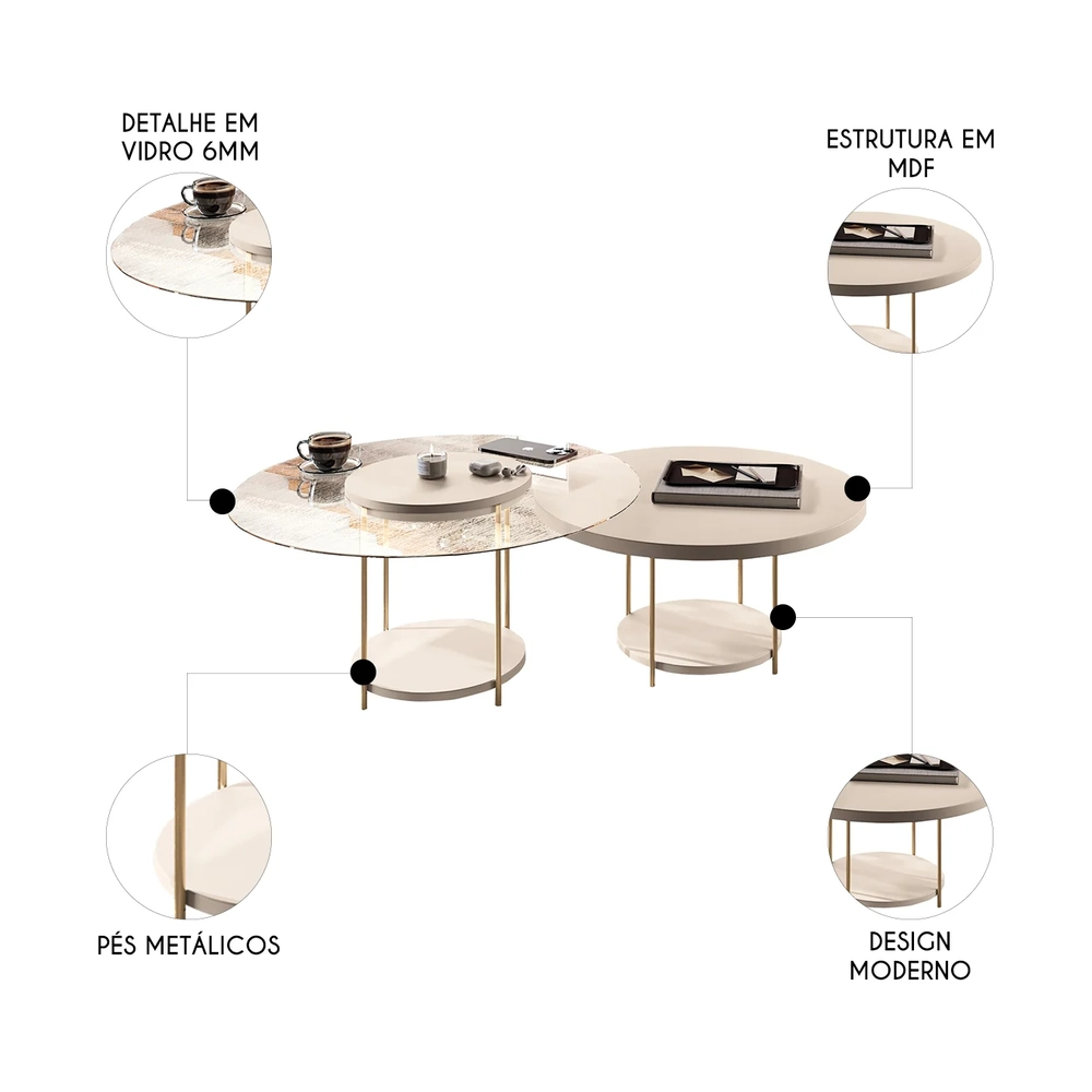 Mesa de Centro Para Sala Pés Metálicos Kit 2 Mindy H01 Off White - Mpozenato