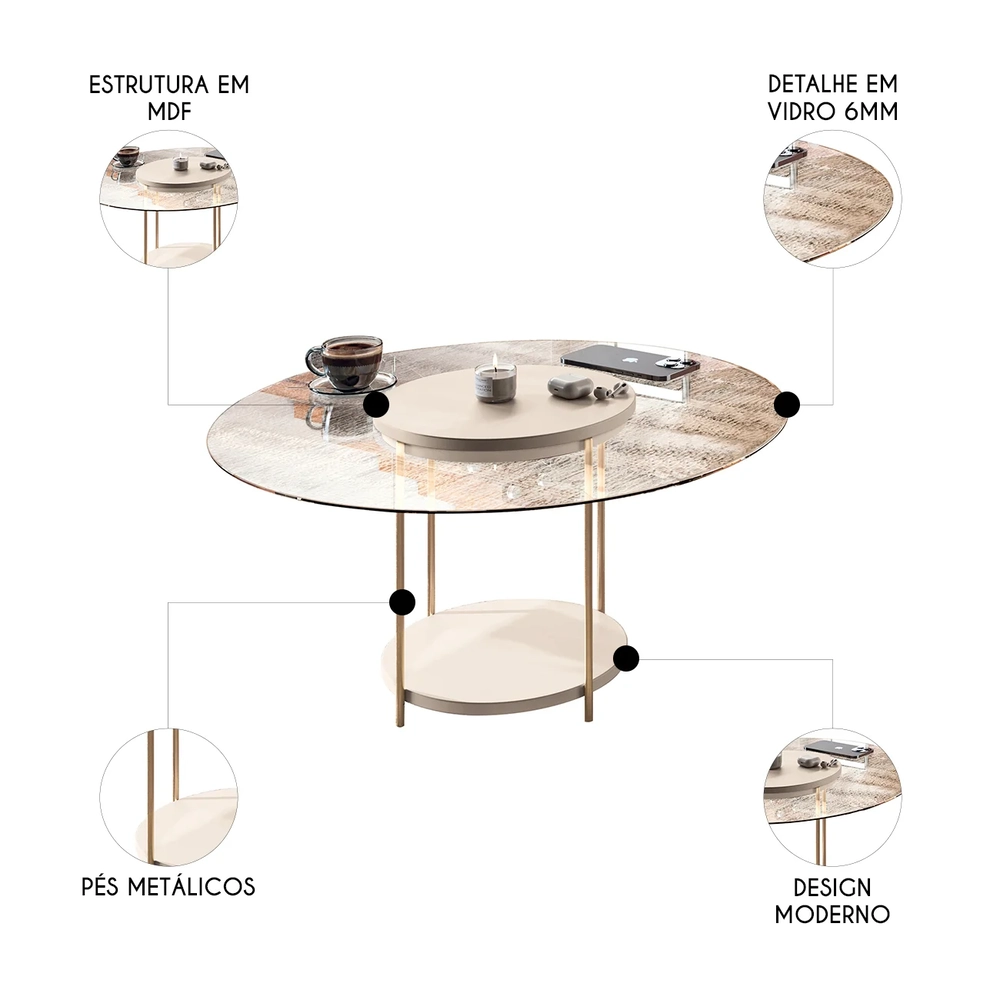 Mesa de Centro Redonda Tampo de Vidro Mindy H01 Off White - Mpozenato