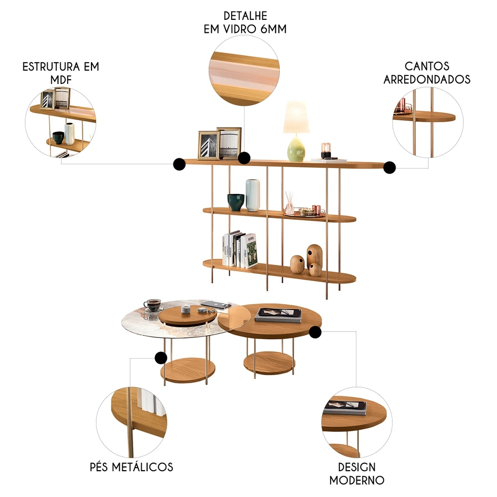 Aparador de Sala e Mesas de Centro Vetta H01 Cinamomo - Mpozenato