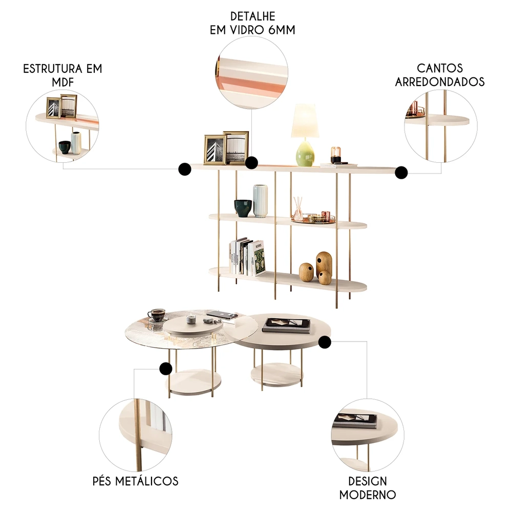 Aparador de Sala e Mesas de Centro Vetta H01 Off White - Mpozenato