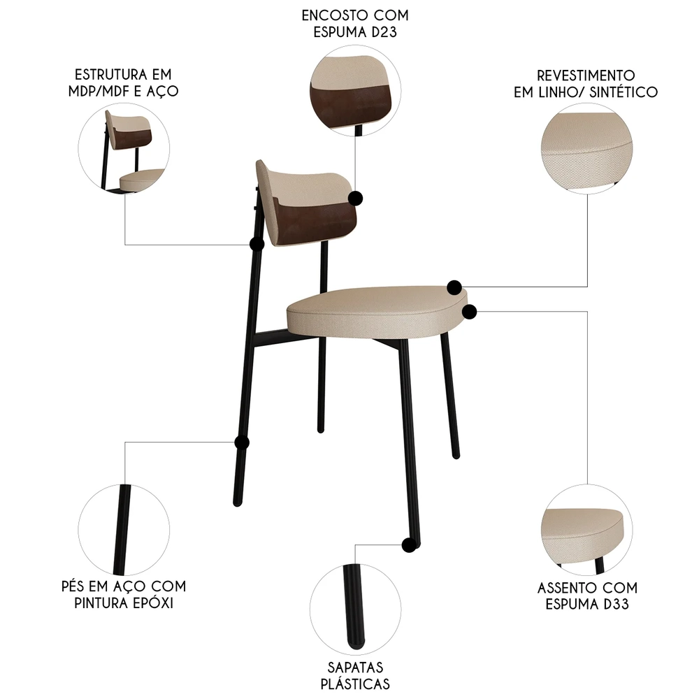 Cadeira de Jantar Estofada Fixa Ella M25 Linho Areia/Marrom - Mpozenato