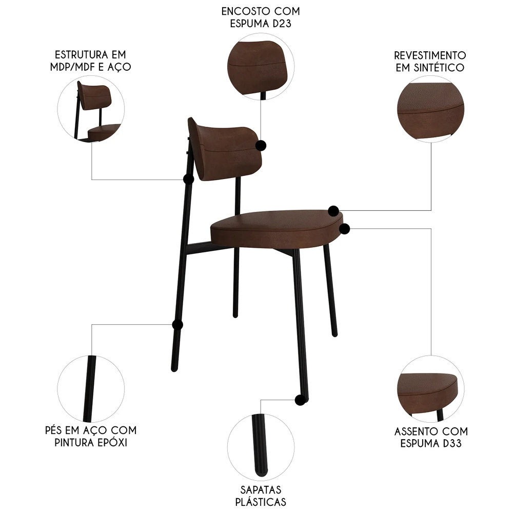 Cadeira de Jantar Estofada Kit 2 Ella M25 Sintético Marrom - Mpozenato