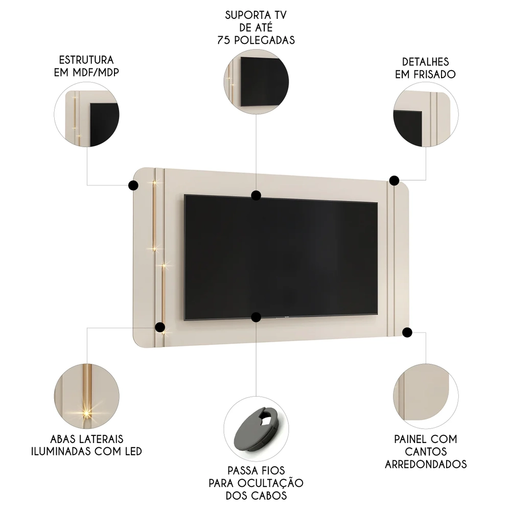 Painel Para TV 75 Pol 241cm Suspenso Ariane D04 Off/Dourado - Mpozenato