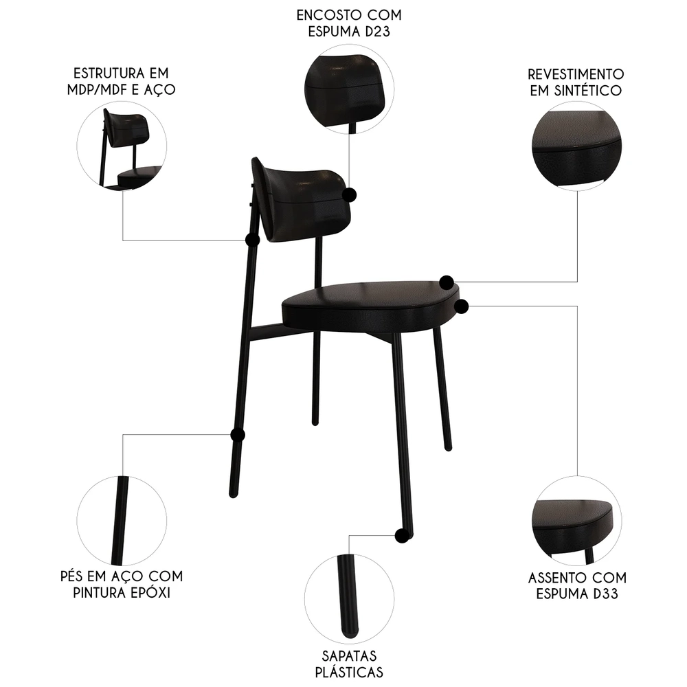 Cadeira de Jantar Estofada Kit 6 Ella M25 Sintético Preto - Mpozenato