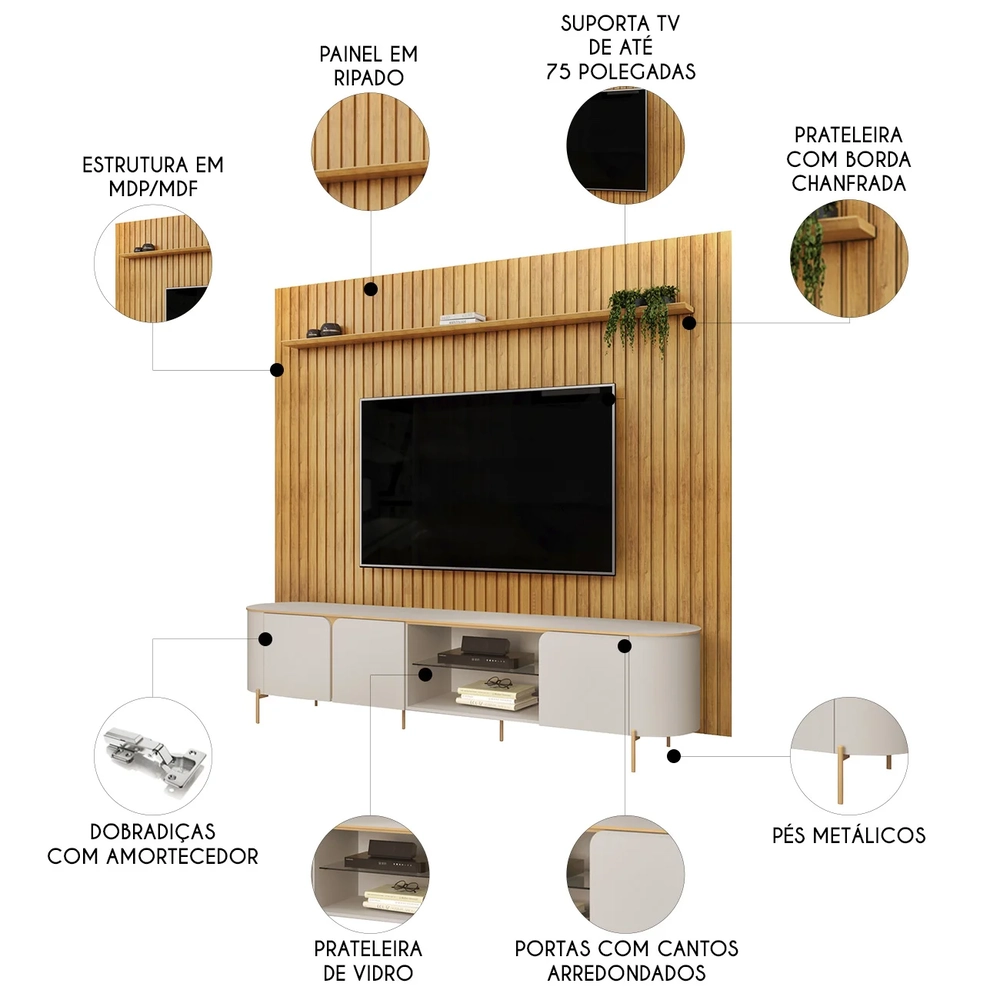 Painel TV 75 Pol Ripado 275cm e Bancada Ariane D04 Off/Cedro - Mpozenato