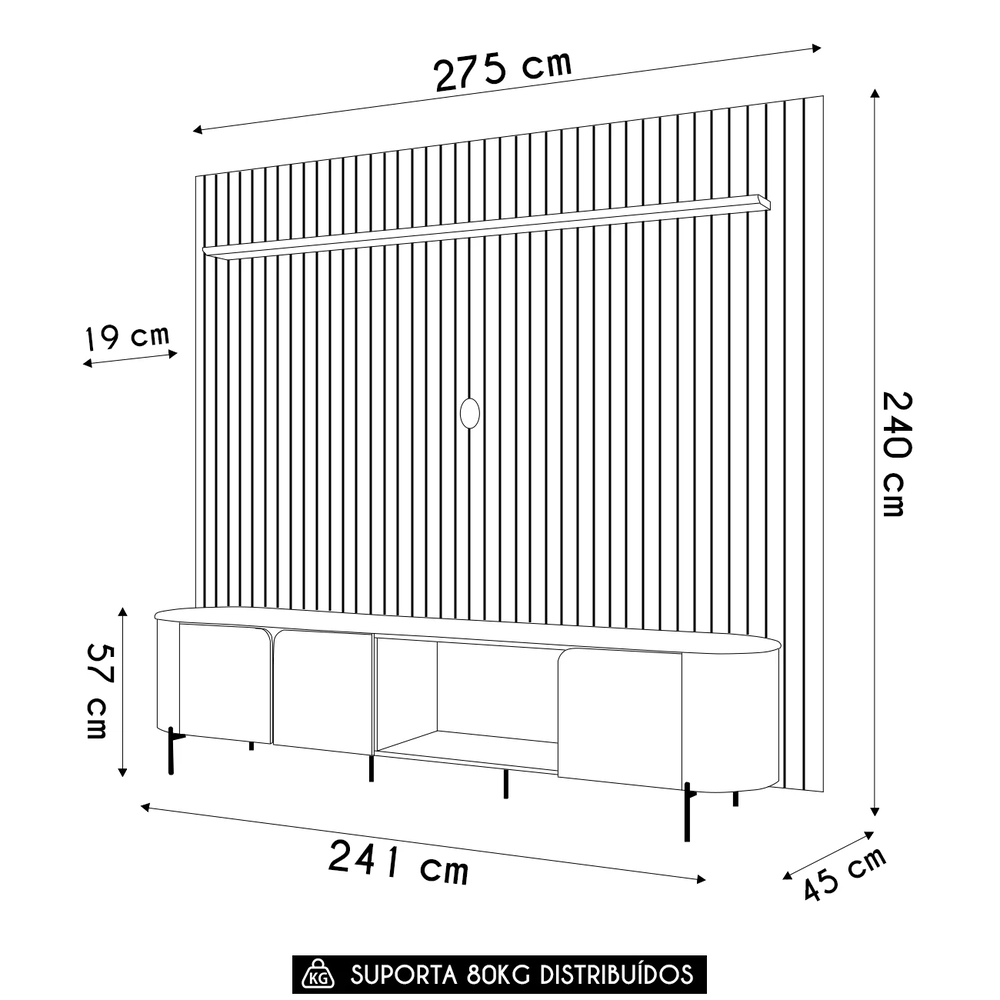 Painel TV 75 Pol Ripado 275cm e Bancada Ariane D04 Off/Cedro - Mpozenato