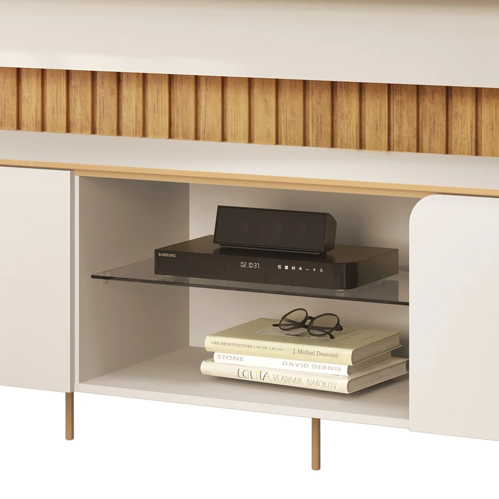 Painel TV 75 Pol Ripado 275cm e Bancada Ariane D04 Off/Cedro - Mpozenato