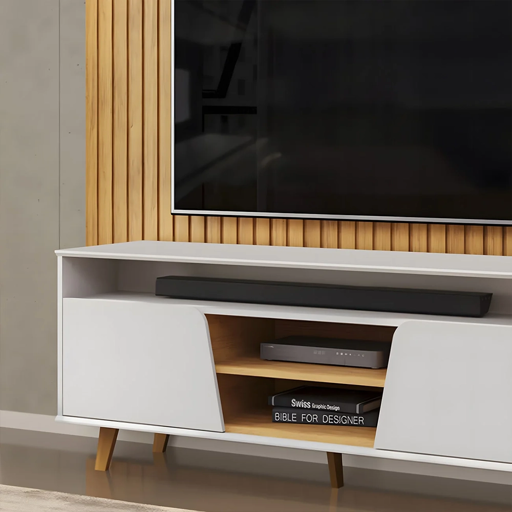 Painel TV 75 Pol Ripado 223cm e Bancada Elaine D04 Cedro/Bal - Mpozenato