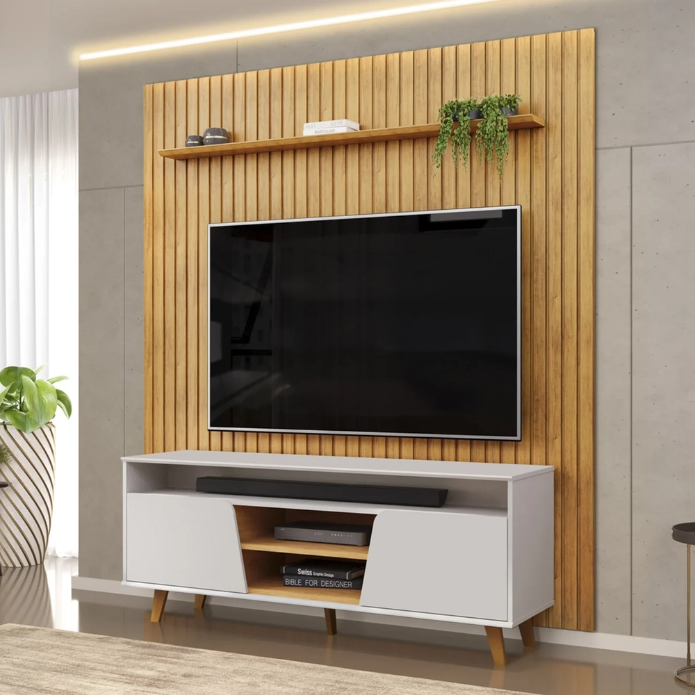 Painel TV 75 Pol Ripado 223cm e Bancada Elaine D04 Cedro/Bal - Mpozenato