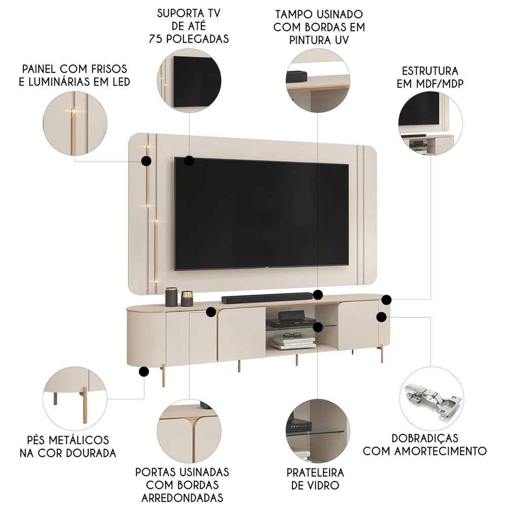 Painel TV 75 Pol e Bancada 241cm Ariane D04 Off/Dourado - Mpozenato