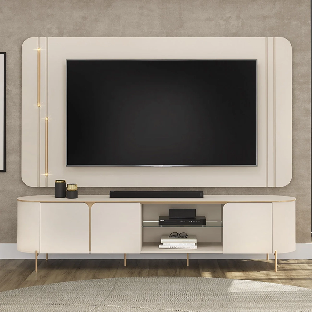 Painel TV 75 Pol e Bancada 241cm Ariane D04 Off/Dourado - Mpozenato