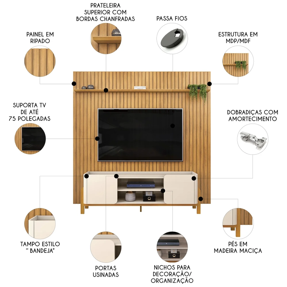 Painel TV 75 Pol Ripado 250cm e Bancada Chest D04 Off/Cedro - Mpozenato