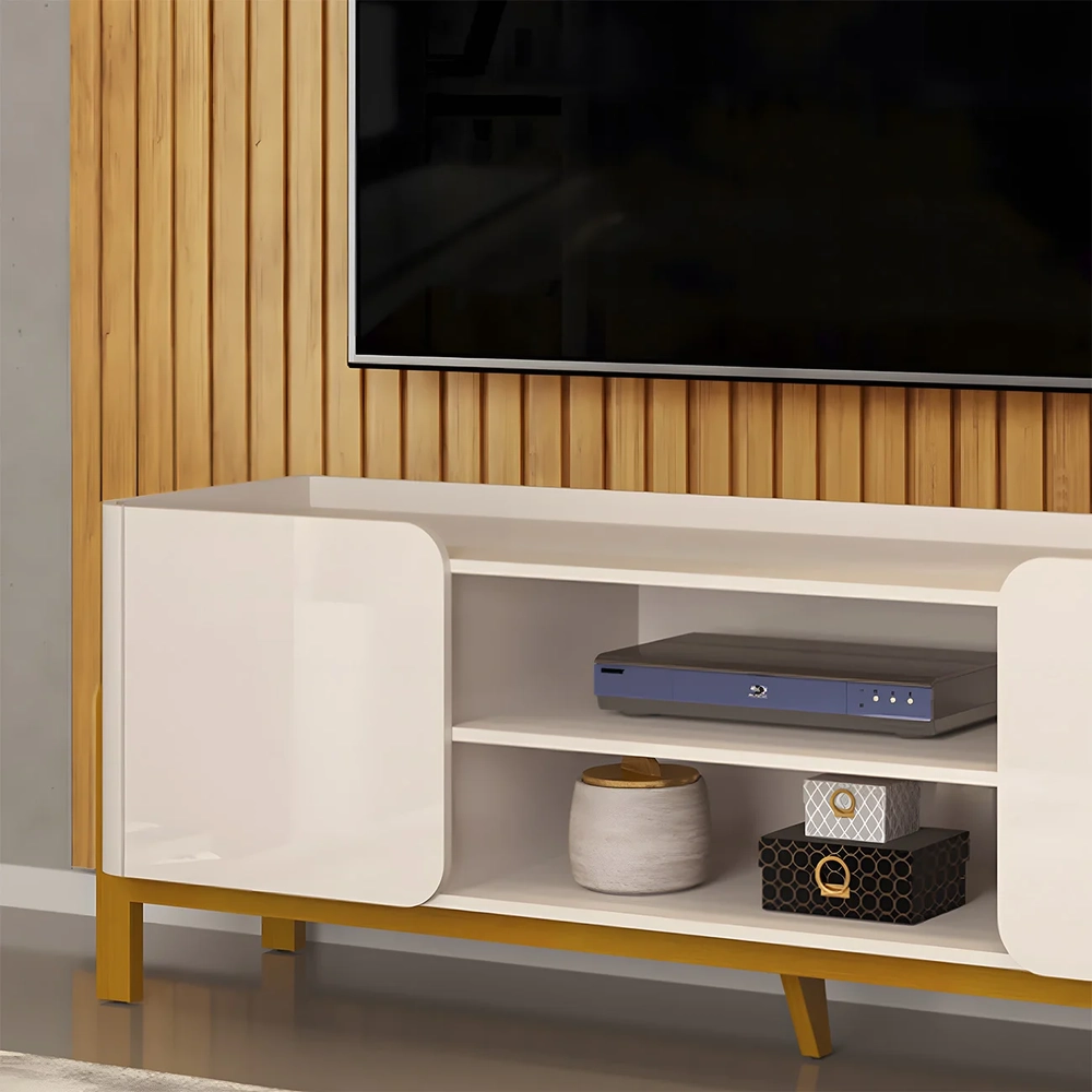 Painel TV 75 Pol Ripado 250cm e Bancada Chest D04 Off/Cedro - Mpozenato