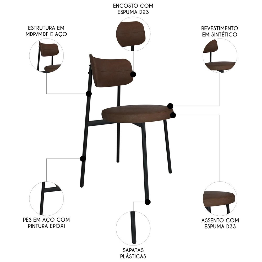 Cadeira de Jantar Estofada Kit 4 Nyka M25 Sintético Marrom - Mpozenato