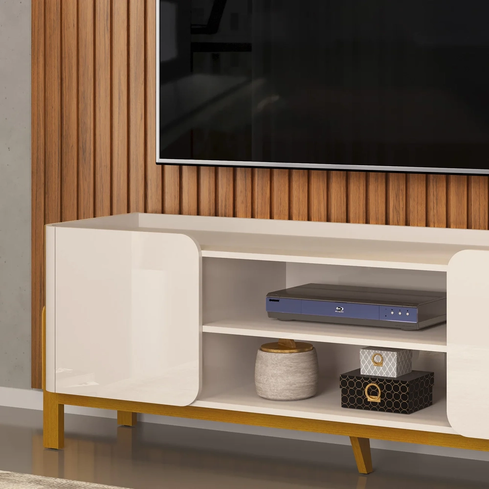 Painel TV 75 Pol Ripado 250cm e Bancada Chest D04 Off/Freijó - Mpozenato