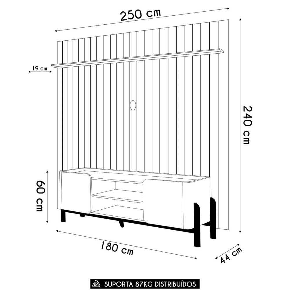 Painel TV 75 Pol Ripado 250cm e Bancada Chest D04 Off/Freijó - Mpozenato